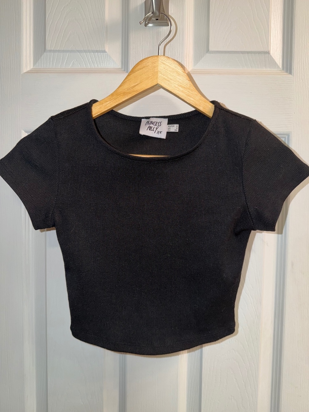 Princess Polly Black Ribbed Fitted Short Sleeve Crop Top Size 2